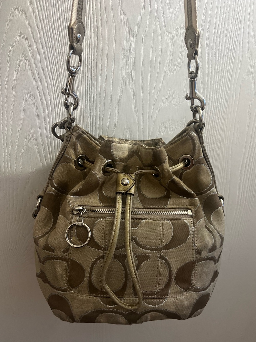Coach Metallic Khaki Signature Drawstring Bucket Bag 16.67
